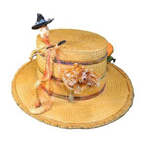 Vtg Italian Straw Hat With Figurine & Accents 1950s Boater Gatsby Autumn Fall